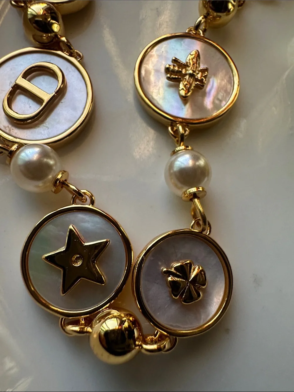 Like New - Dior Gold-Tone Mother-of-Pearl Charm Bracelet with Pearls